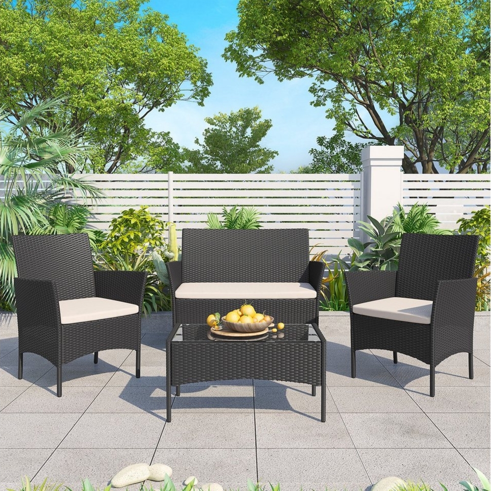 BIGZZIA Gartenlounge-Set Gartenmöbel-Set für den Außenbereich aus Rattan, 4-teilig, für 4 Personen, inklusive 1 Sofa, 2 Sessel, 1 Tisch Bild 1