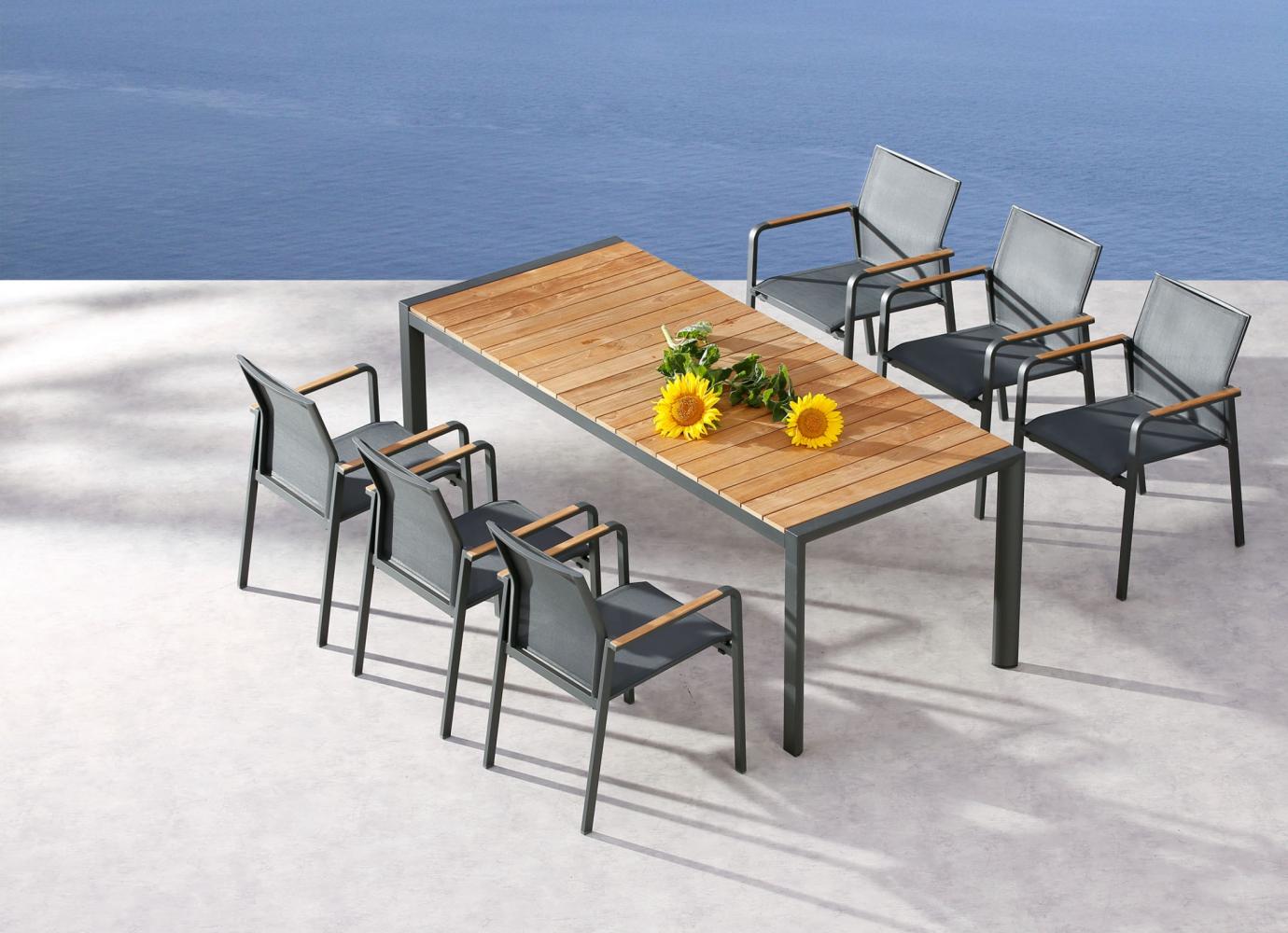 Best Freizeitmöbel Sitzgruppe Paros 7-teilig Tisch + 6 Stapelsessel 210 x 90 cm anthrazit/Teak Bild 1