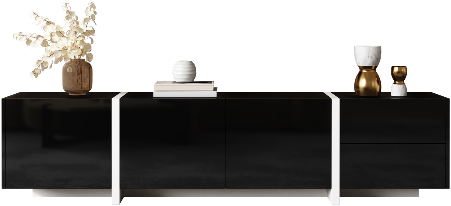 TV-Ständer, Mit niedrigem Schrank, Hochglanz Schwarz mit weißen Beinen, Türen und Schubladen, MDF, Schwarz + Weiß Bild 1