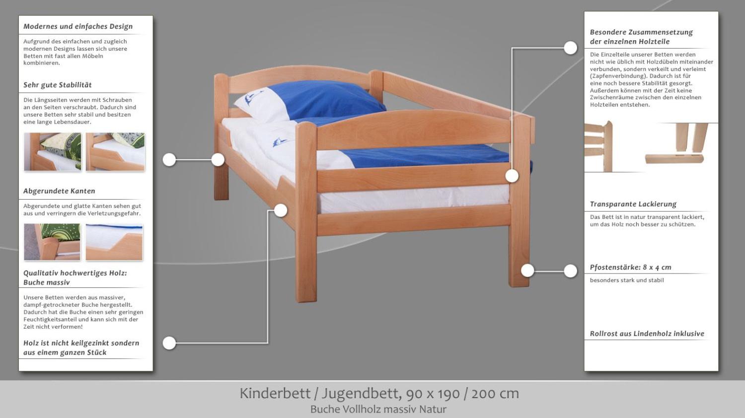 Jugendbett/JugendbettEasy Premium Line K1/n/s, Buche Vollholz massiv Natur - Maße: 90 x 190 cm Bild 1