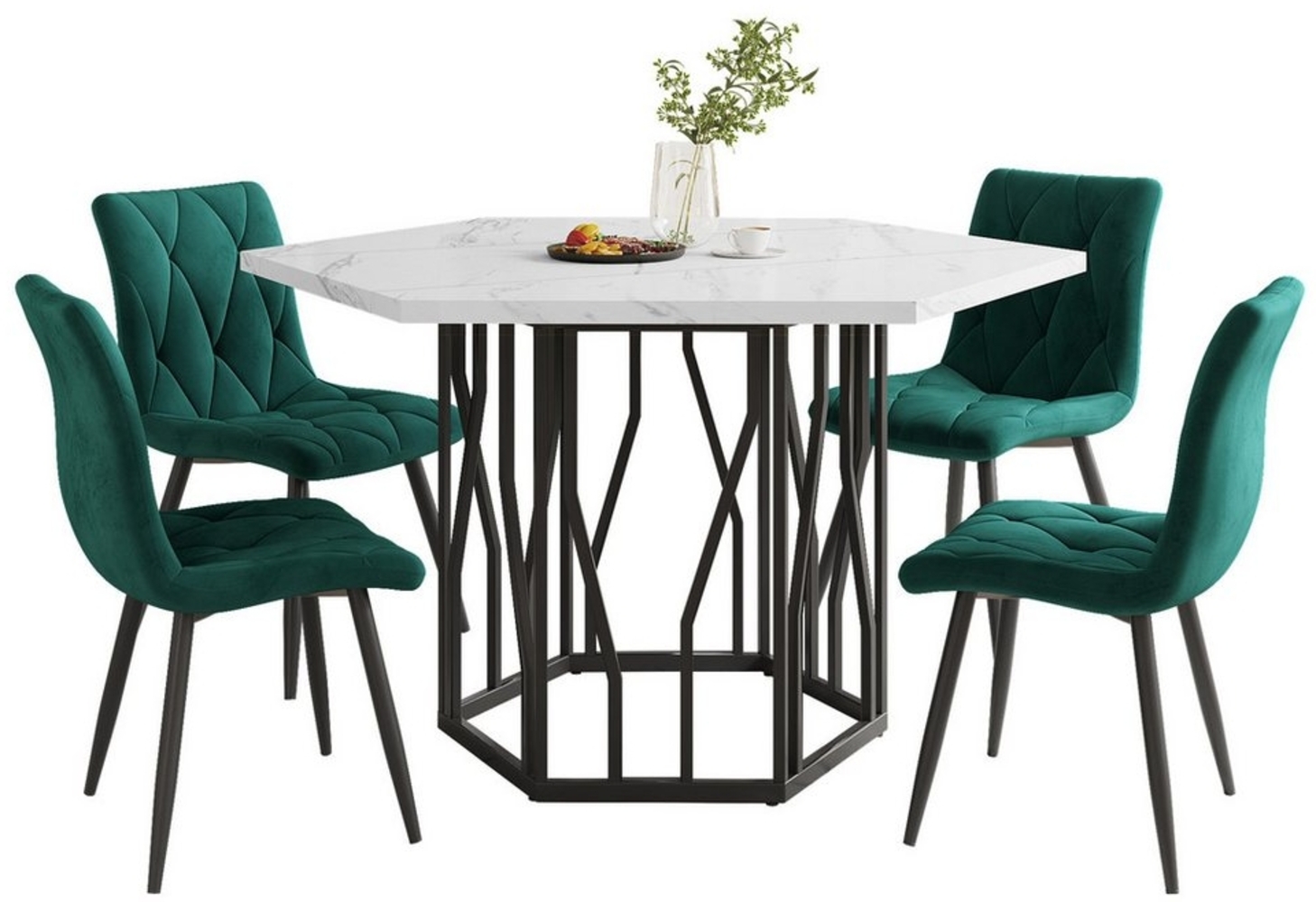 MODFU Essgruppe Sitzgruppe Set, (Esstisch- und Stuhlset, 5-tlg, 1 Tisch mit 4 Stühlen), sechseckiger Esstisch mit Marmormusterarbeitsplatte Bild 1