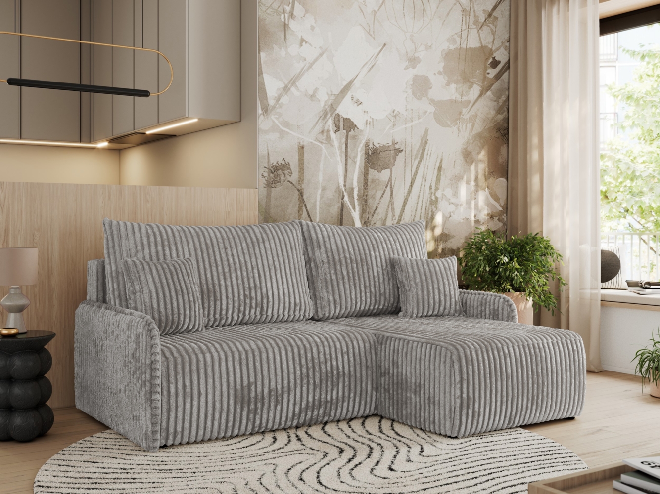 Ecksofa für das Wohnzimmer, mit losen Kissen, Schlaffunktion und Bettkästen, L-förmiges Ecksofa mit Armlehnen, Wellenfeder - ARPA - Grau Cord - rechte Seite Bild 1