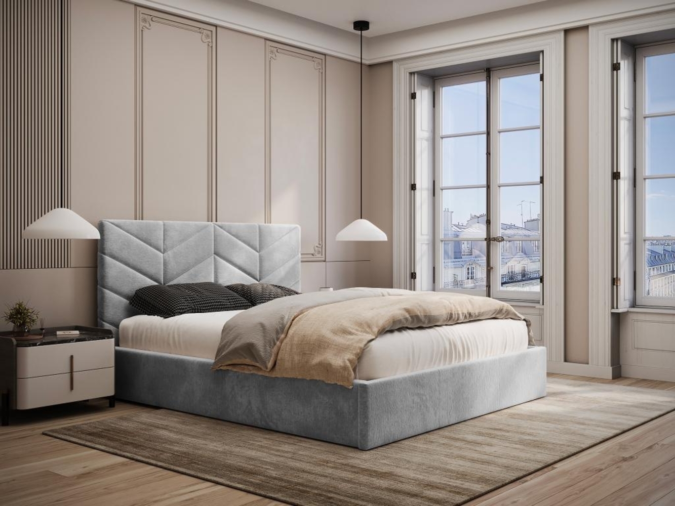 Vente-unique - Bett mit Bettkasten - 160 x 200 cm - Strukturstoff - Grau - JUSTANI Bild 1