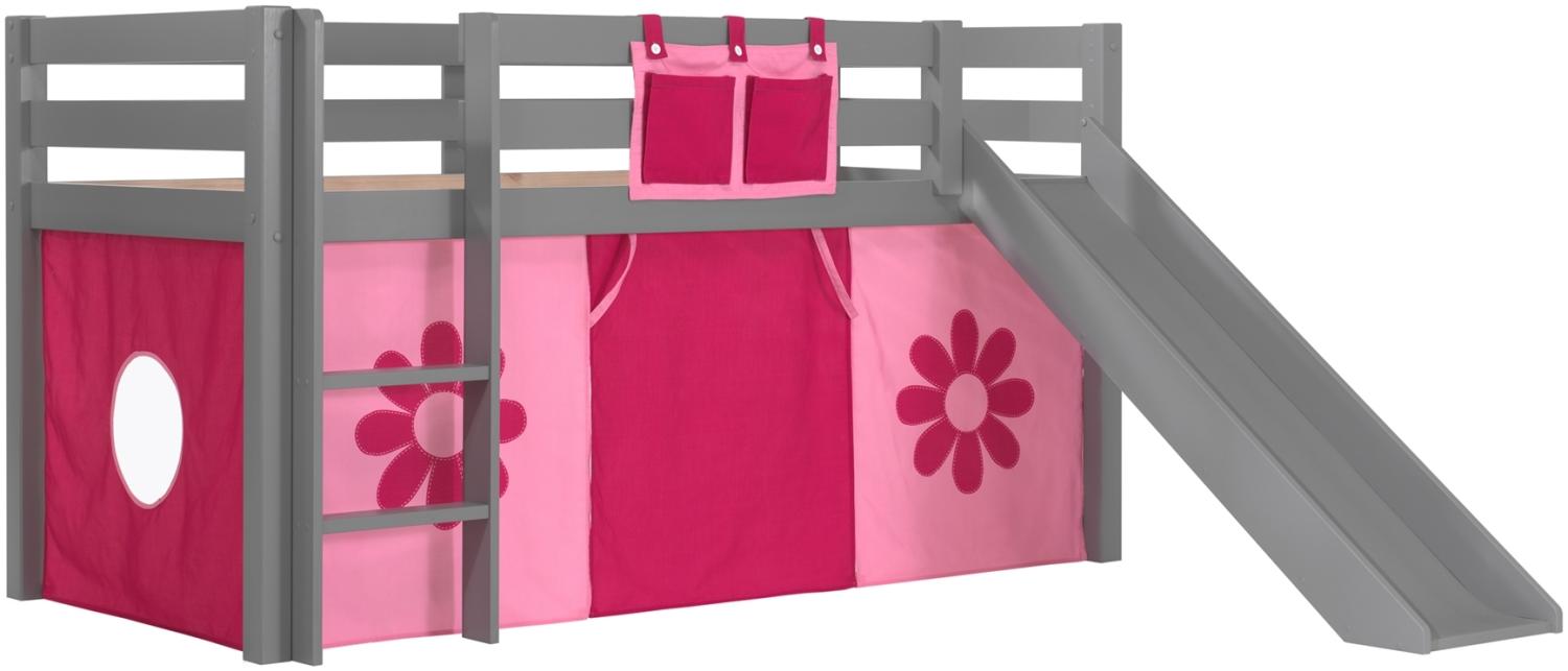 Vipack Spielbett 'Pino' mit Rutsche grau und Textilset 'Pink Flower' Bild 1