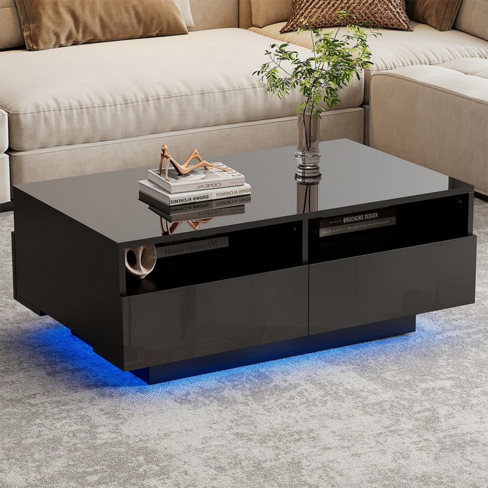 XDeer Couchtisch Couchtisch mit 4 Schubladen und 16 Farben LED Lichter Hochglanz, Tisch Beistelltisch Wohnzimmertisch für Wohnzimmer Bild 1