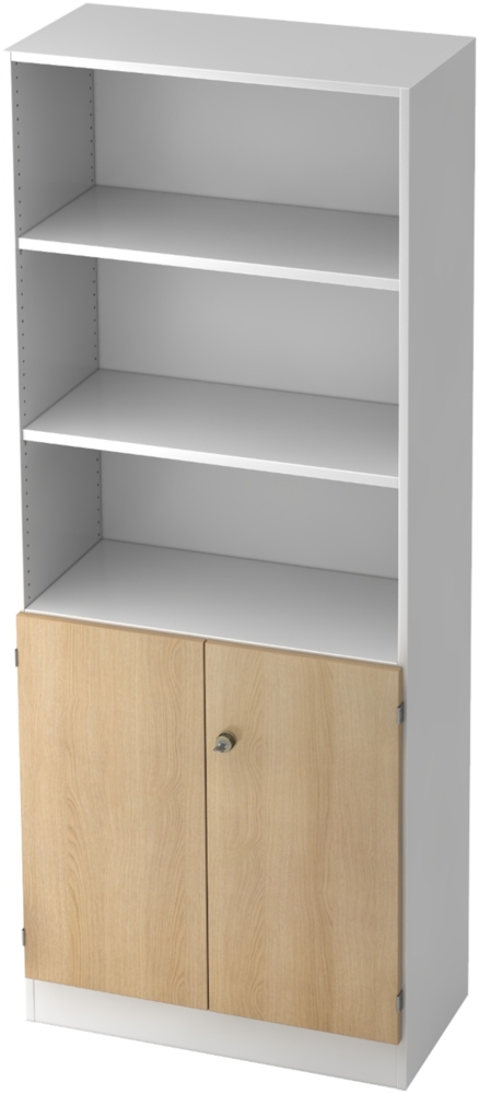 bümö office Regal-Aktenschrank abschließbar, Büroschrank groß aus FSC-Holz, 80cm breit in Weiß/Eiche - abschließbarer Schrank, Büroschrank abschließbar, Büro Möbel Schrank System, 6770-W-E-SG Bild 1