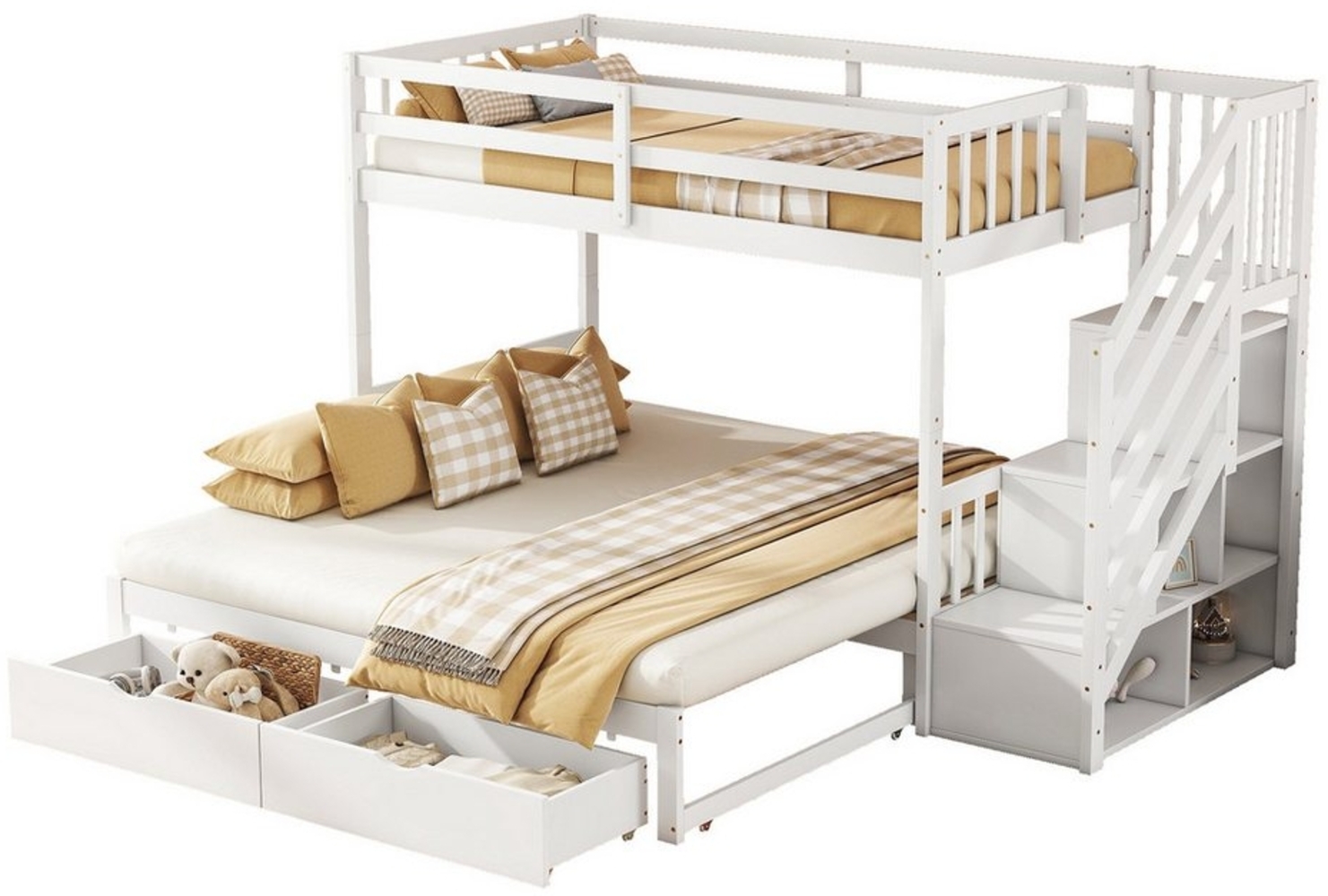 Gotagee Jugendbett Etagenbett 90x200cm Holzbett mit Ausziehbett Kiefernholz Kinderbett, Speicherbare Schritte Bild 1