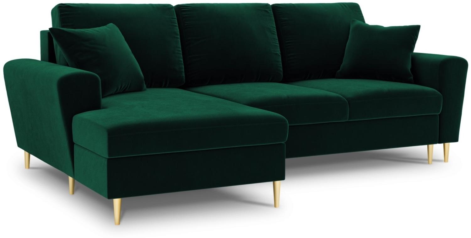 Micadoni 4-Sitzer Samtstoff Ecke links Sofa mit Bettfunktion und Box Moghan | Bezug Bottle Green | Beinfarbe Gold Metal Bild 1