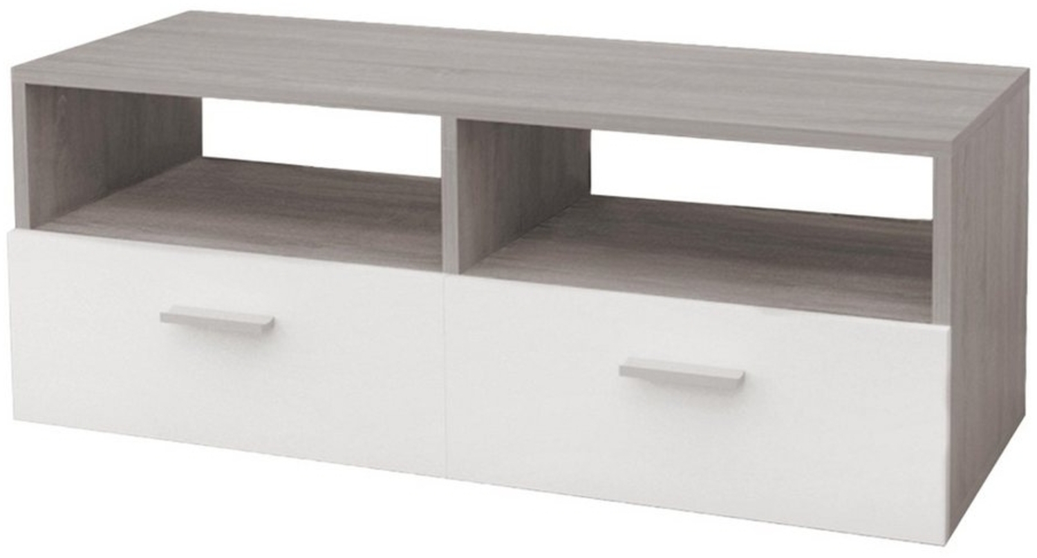 ML-DESIGN Lowboard TV-Schrank aus Holz mit Stauraum 2 Klapptüren und 2 offenen Fächern, Fernsehschrank 95x36x35cm Weiß/Grau mit Schublade und 2 Glas Ablagen Bild 1