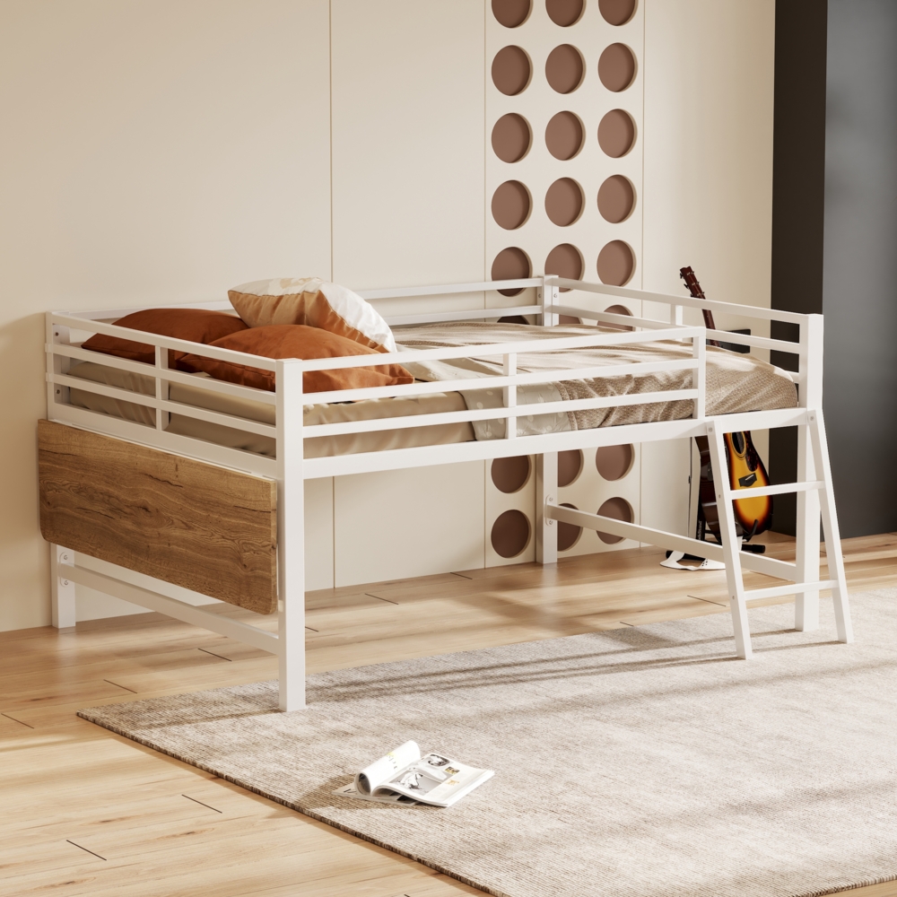 Bett 140x200 cm mit Schreibtisch und LED-Beleuchtung – weißes Metall-Flachbett mit Geländer Bild 1