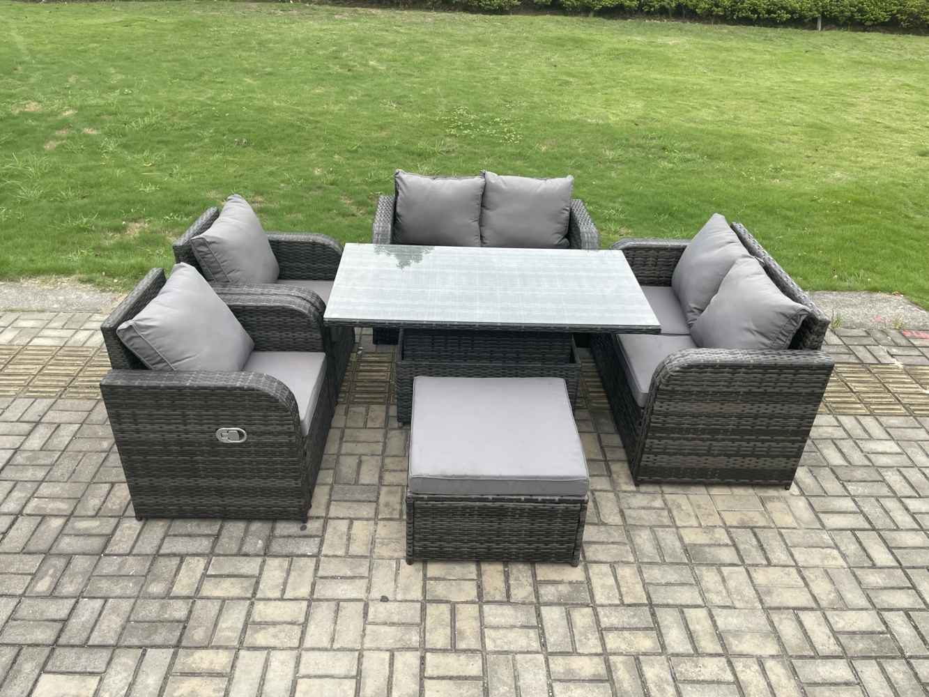 Fimous Rattan-Möbel-Garten-Essplatz-Patio-Höhen-justierbarer aufsteigender Tisch-Liebe-Sofa-Stuhl im Freien mit großem Fußhocker Bild 1