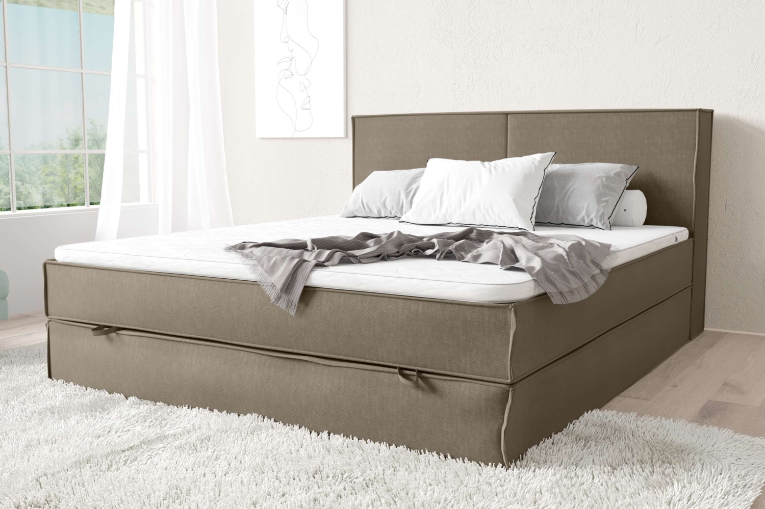 99rooms Samson Boxspringbett 120x200 cm Strukturstoff INARI Hellbraun Bonnel-Federung Bild 1