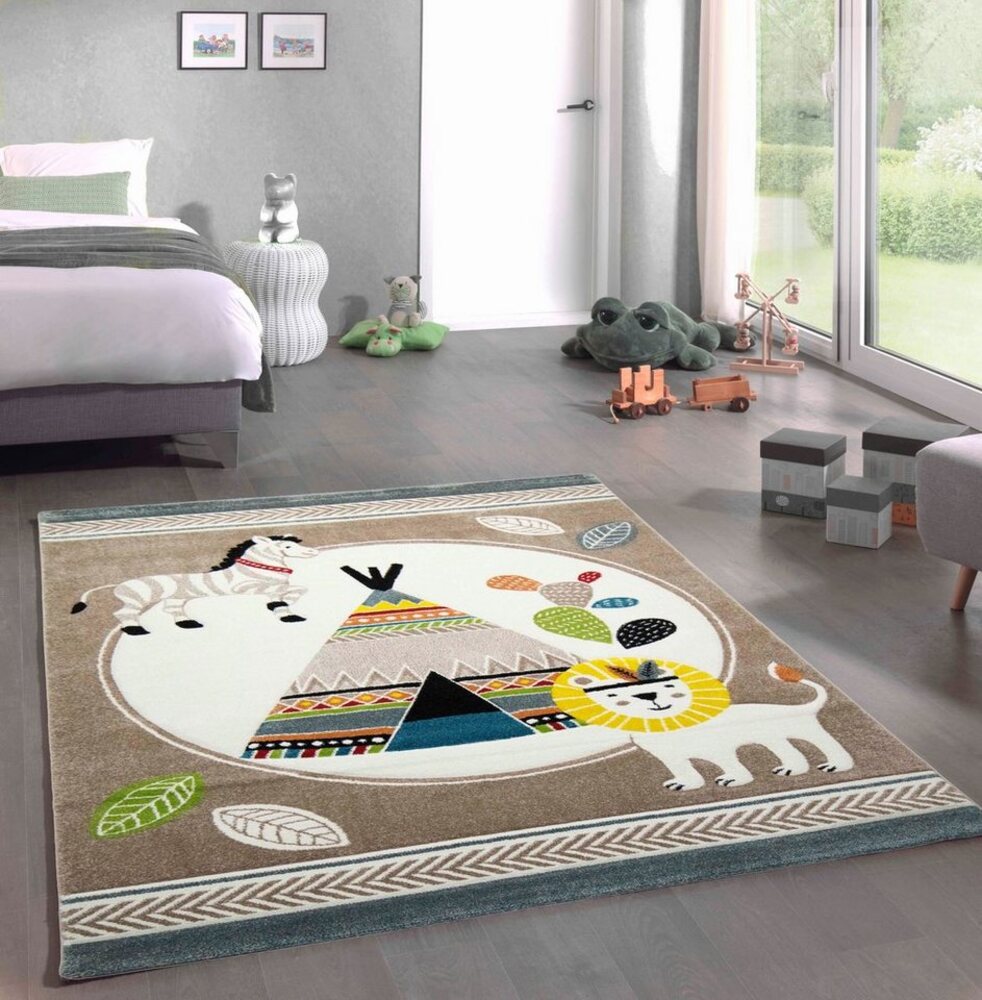 Carpetia Kinderteppich Kinderzimmer Löwe Zelt Kaktus Zebra creme beige blau braun, rechteckig, Höhe: 13 mm Bild 1