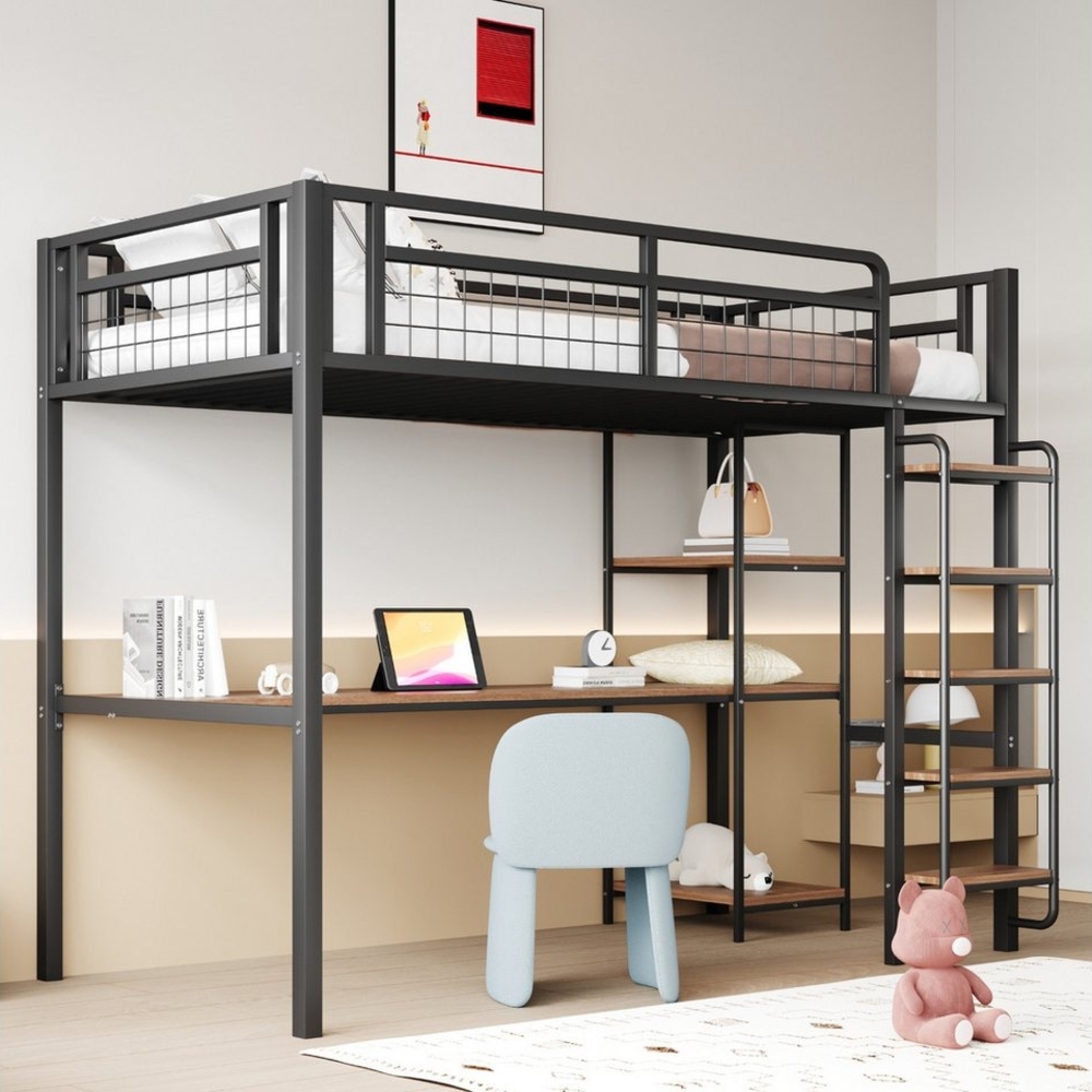 Merax Hochbett (1-St, Metallbett Einzelbett für Kinder- und Jugendzimmer) Kinderbett mit Treppenstufen, Tisch, Geländer & Regalen, 90x200 cm Bild 1