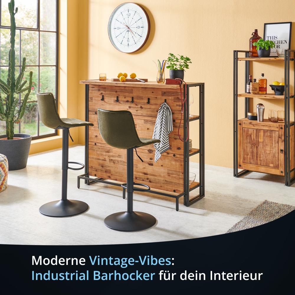 KHG Barhocker 360° drehbar höhenverstellbar (61-82cm) Kunstleder Grün gesteppt Industrial Look | Drehstuhl Barstuhl mit Rückenlehne Fußstütze 110kg belastbar Bild 1