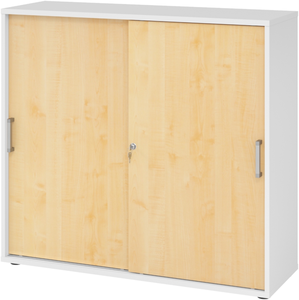bümö Schiebetürenschrank 3OH - Aktenschrank abschließbar, Sideboard Schrank mit Schiebetüren in Weiß/Ahorn, Chromgriff - Büroschrank aus Holz mit Schiebetür, Büro Kommode für Ordner & Co, 1753S-W-3-CE Bild 1