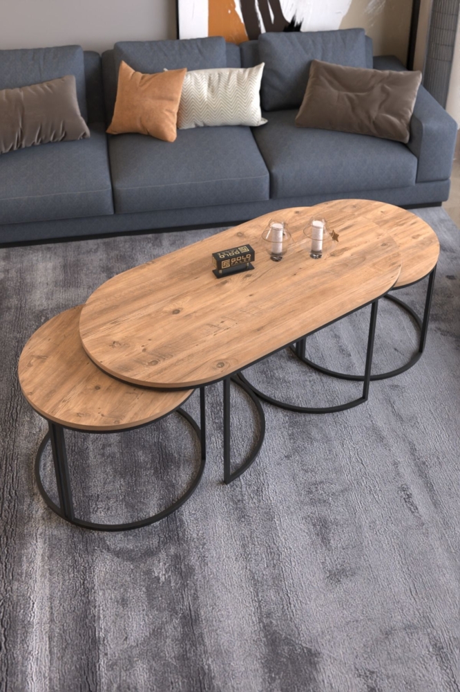 3-teiliges Couchtisch- und Beistelltisch-Set 60 x 120 x 45 cm Spanplatte/metallprofil/pvc Atlantik-Kiefer 89321943 [en. casa] Bild 1