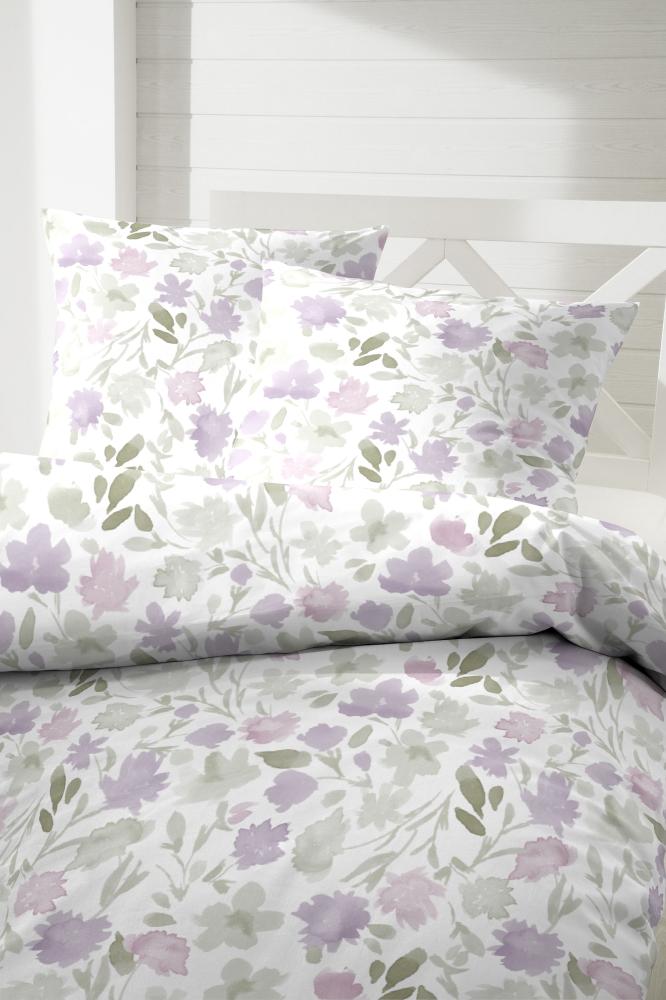 Primera Perkal Bettwäsche 155x220 Blumen lila grün weiß 133043-65 Bild 1