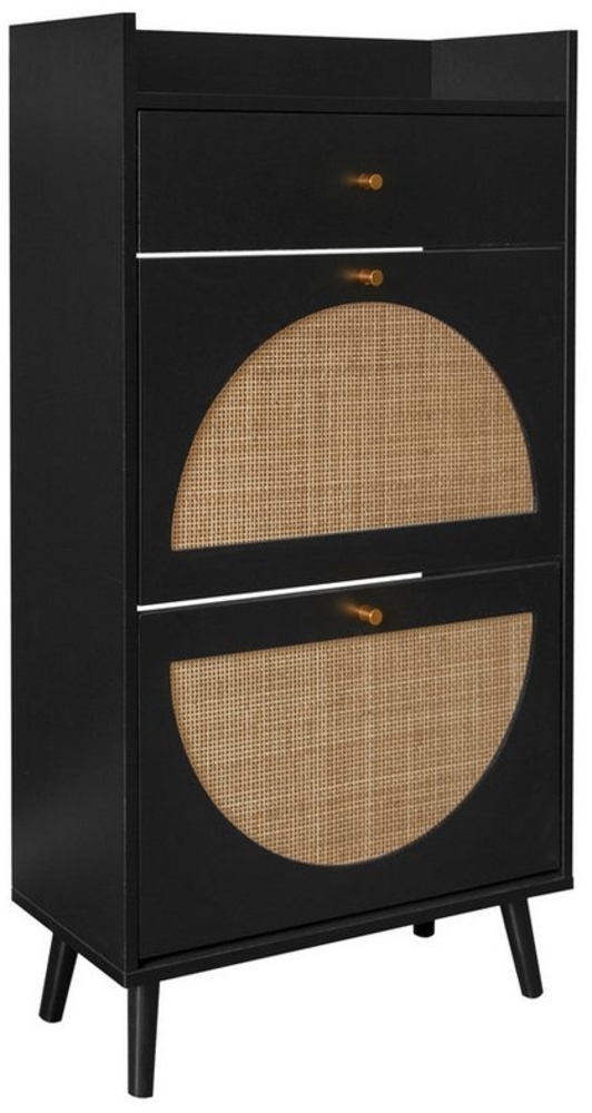 HAUSS SPOLE Schuhschrank Schuhkommode Schuhregal mit doppeltes Regal, austauschbare Türen (Schuhschrank 60 cm mit 2 Türen und 1 Schublade, Rattan-Optik, doppeltes Regal, Kiefernholzfüße, Wandverankerung) Bild 1