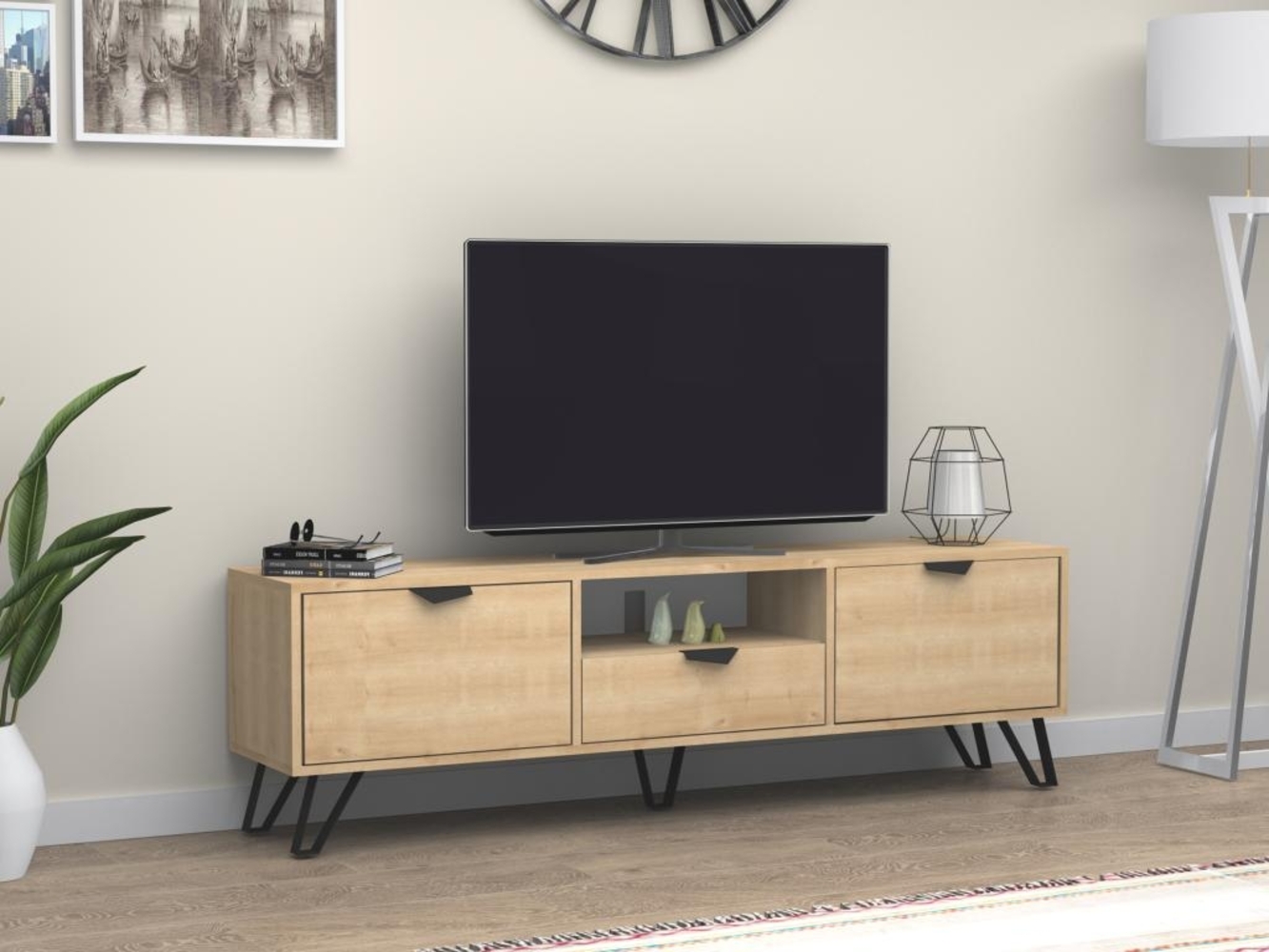 Vente-unique - TV-Möbel mit 2 Türen, 1 Schublade & 1 Ablagefach - Holzfarben & Schwarz - CARDELIA Bild 1