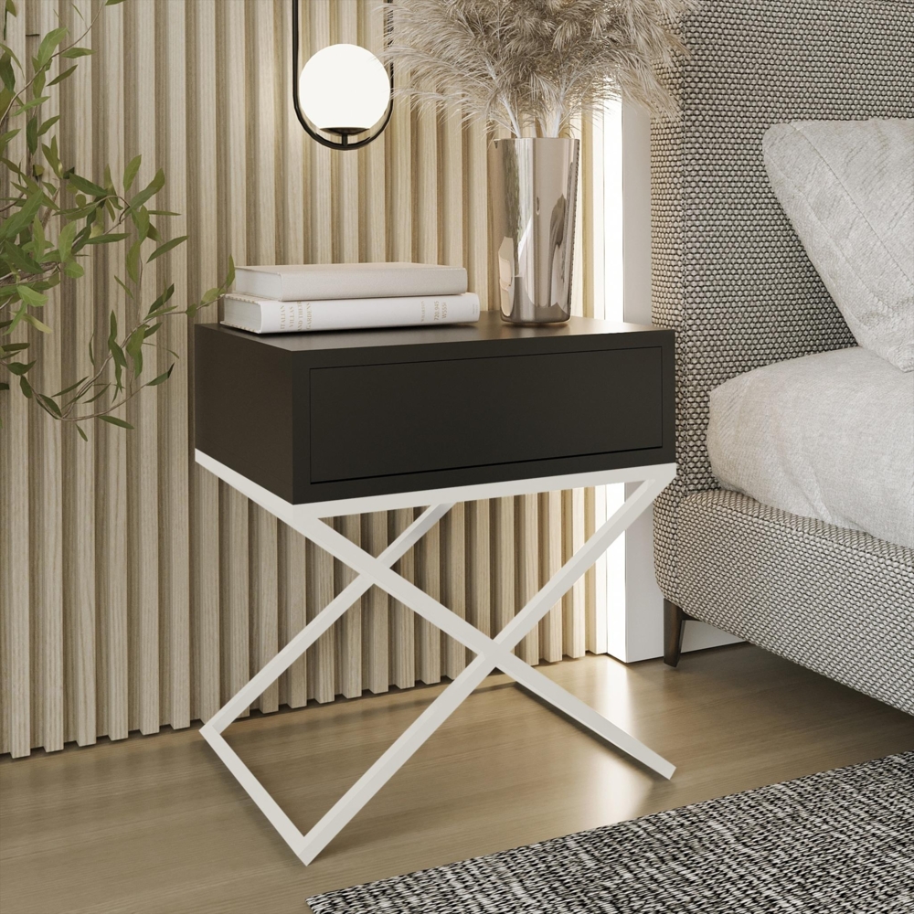 AX LIVING Nachttisch modern Aleio X 45cm breit schwarz, weißes Gestell Bild 1