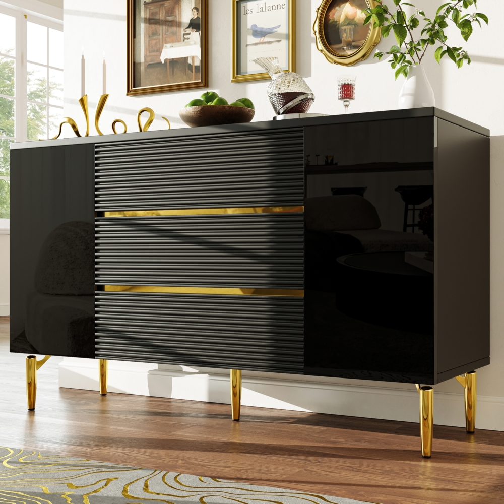 Merax Kommode, Sideboard, Esszimmerschrank mit 3 Geräumige Schubladen, Kariertes Schubladentürdesign, Schwarz Bild 1