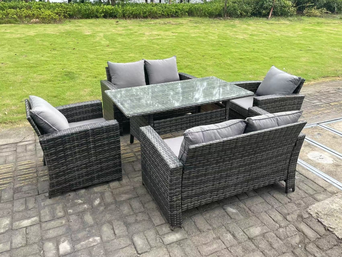 Fimous 6 Sitzer Outdoor Dunkelgrau gemischt Hoher Rücken Rattan Sofa Esstisch Set Gartenmöbel Sesseln Liebe Sofa Bild 1