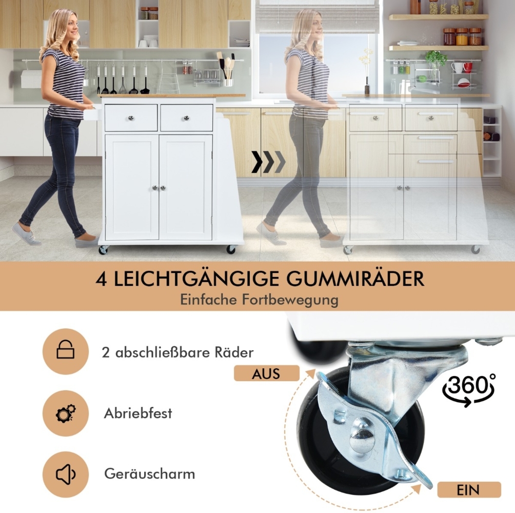Kücheninsel mit Stauraum Rollender Servierwagen aus Gummiholz 88 x 46 x 89,5 cm Weiß Bild 1