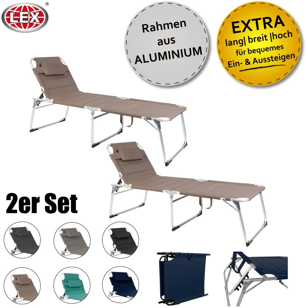 2er-Set XXL 2 m Aluminium Gartenliege Sonnenliege gepolstert Kopfkissen klappbar Taupe Bild 1