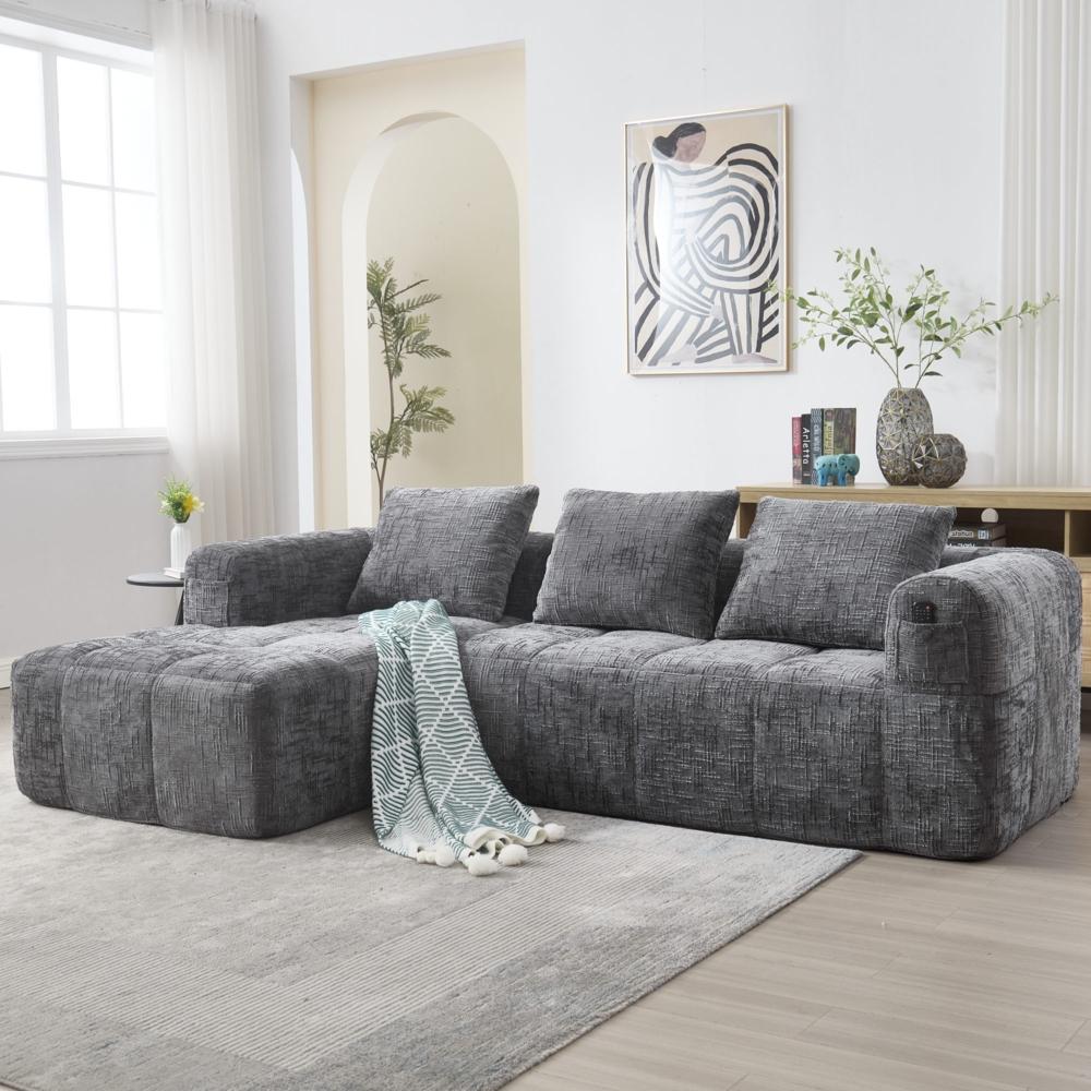 Flieks 3-SitzerSofa Ecksofa-Set, mit Polsterliege & Doppelsofa, Chenille-Sofa mit Seitentasche, Bett & Loungesofa, Grau Bild 1