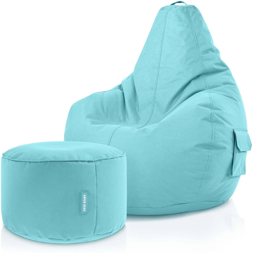 Green Bean® Sitzsack + Hocker, 2er Set, robust, waschbar, schmutzabweisend, Aquamarin, 90 x 80 x 70 cm Bild 1