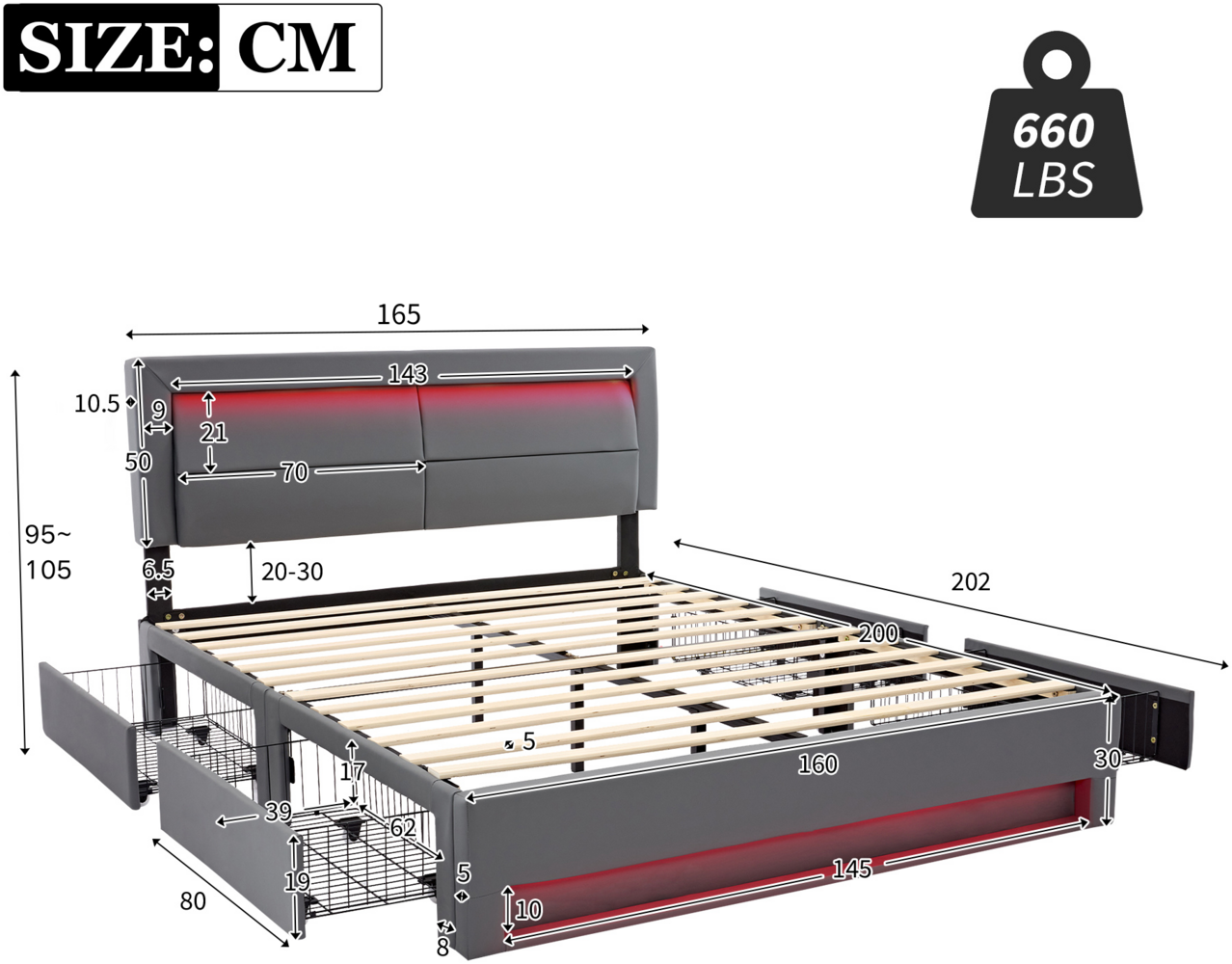 Merax Polsterbett LED Doppelbett 160x200cm mit USB-Anschluss und 4 Schubladen, grau Bild 1