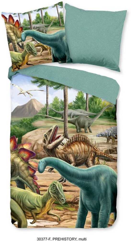 good morning Kinderbettwäsche Prehistory Dinos, Biber, Flanell, 2 teilig, Biber, 135x200, Weich, Warm, Reißverschluss, Wende, Kind, Junge, Dino Bild 1