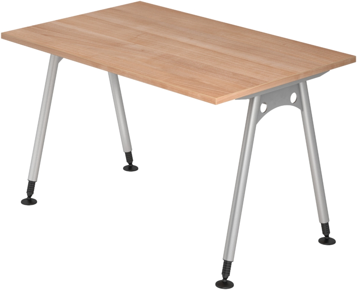 bümö manuell höhenverstellbarer Schreibtisch 120x80 cm in Nussbaum - PC Tisch höhenverstellbar & klein, höhenverstellbarer Tisch Büro, kleiner Computertisch verstellbar, A-Serie, AS-12-N Bild 1