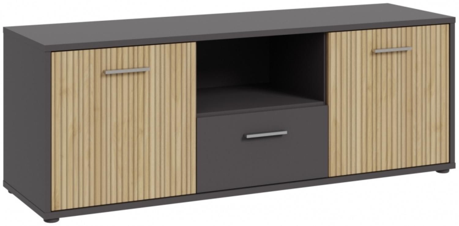 Kommode QUADRO Lowboard für TV Hifi Wolfram grau / Lamelle Eiche Optik ca. 139 x 51 x 40 cm Bild 1