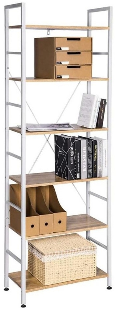 Standregal Metallregal 6-Ablagen Holz 60 x 28 x 180 cm weiß-eiche hell Bild 1