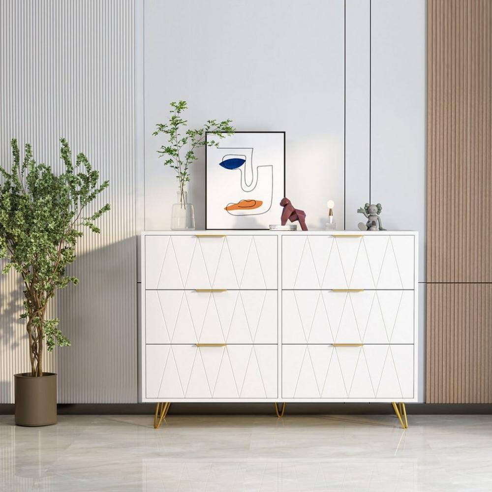 FUROKOY Nachttisch Kommode mit 6 Schubladen,Nachtkommode mit Rautenmuster (Anrichte für Schlafzimmer,Wohnzimmer(100x34x72.5cm),Weiß Gold), Sideboard, 100 cm breit, Beistelltisch mit Metallgriffen & Metallfüßen Bild 1