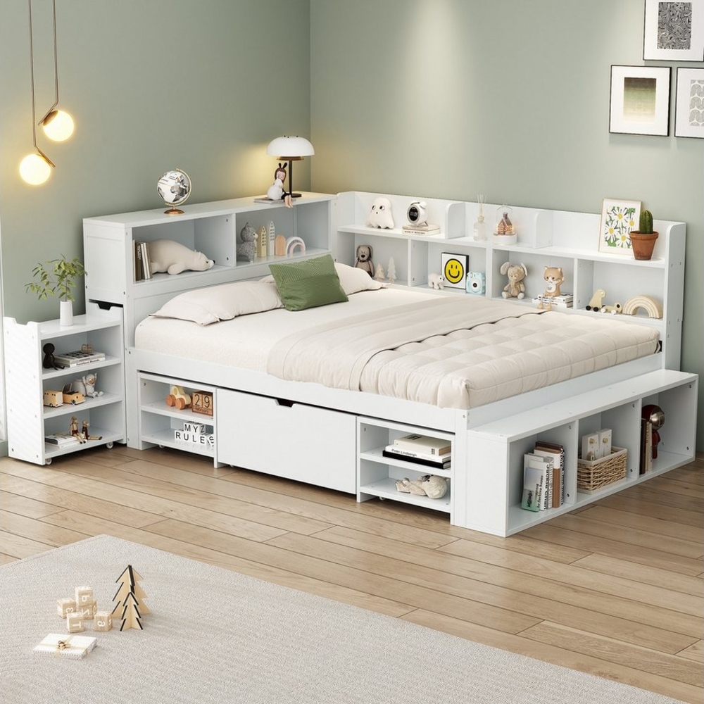 MODFU Kinderbett Einzelbett (Multifunktionales Kinderbett, mit Lattenrost, ohne Matratze, 140*200cm), mit Schubladen, Bücherregal und Stauschrank Bild 1