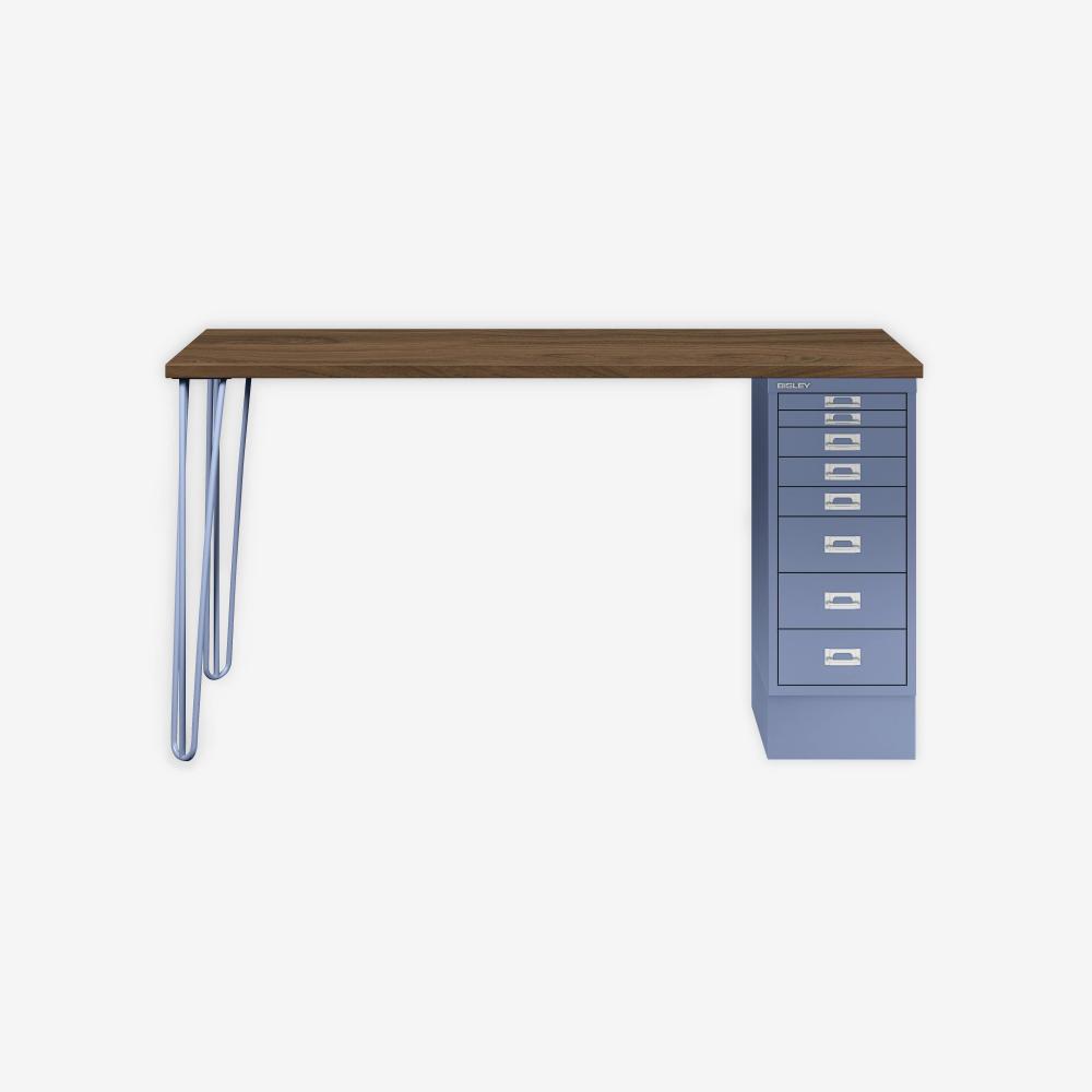 MultiDesk, 2 Stahlfüße, 1 MultiDrawer mit 8 Schüben, Dekor Nussbaum, Farbe Blau, Maße: H 740 x B 1400 x T 600 mm Bild 1