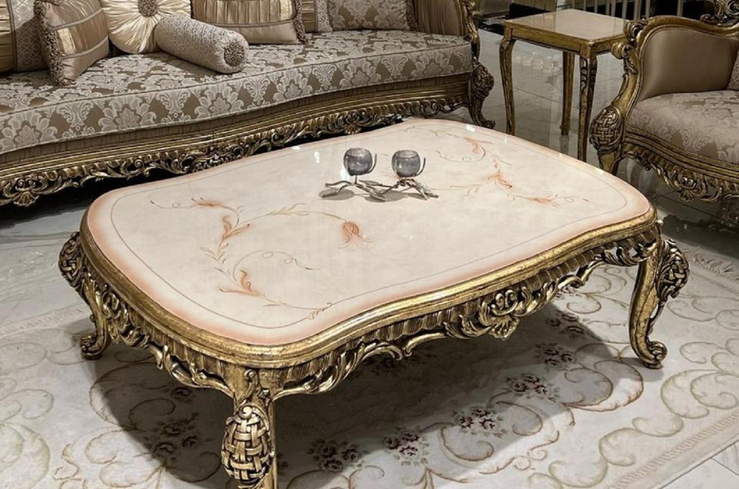 Casa Padrino Luxus Barock Couchtisch Cremefarben / Beige / Gold - Handgefertigter Massivholz Wohnzimmertisch im Barockstil - Prunkvolle Barock Wohnzimmer Möbel Bild 1