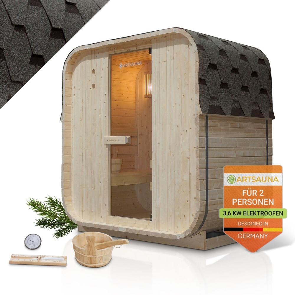 Artsauna Fasssauna Nolvik M, Outdoor-Sauna aus Fichtenholz, 3,6 kW Ofen, LED, Komplettset mit Sanduhr, Eimer & Thermometer, winterfest, Cube Design Bild 1