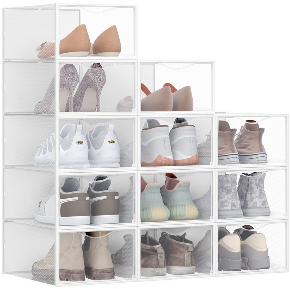 Schuhboxen, 12er Set, durchsichtig, aus Kunststoff, mit Tür, stapelbar, 33,2 x 23 x 14,5 cm, transparent-wolkenweiß Bild 1