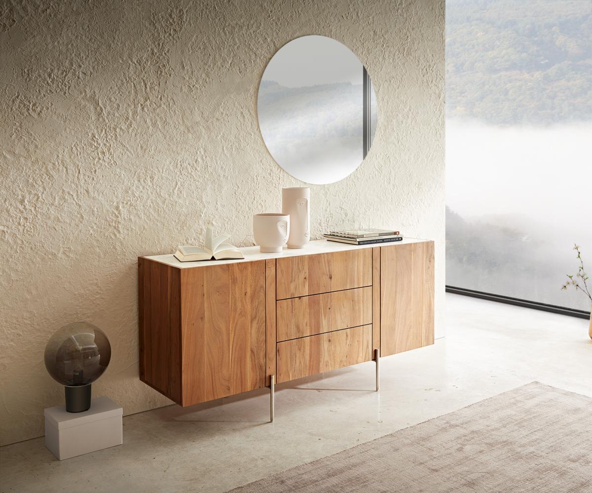 Sideboard Secara 145 cm Akazie Natur 2 Türen 3 Schübe Marmor Füße Edelstahl Bild 1