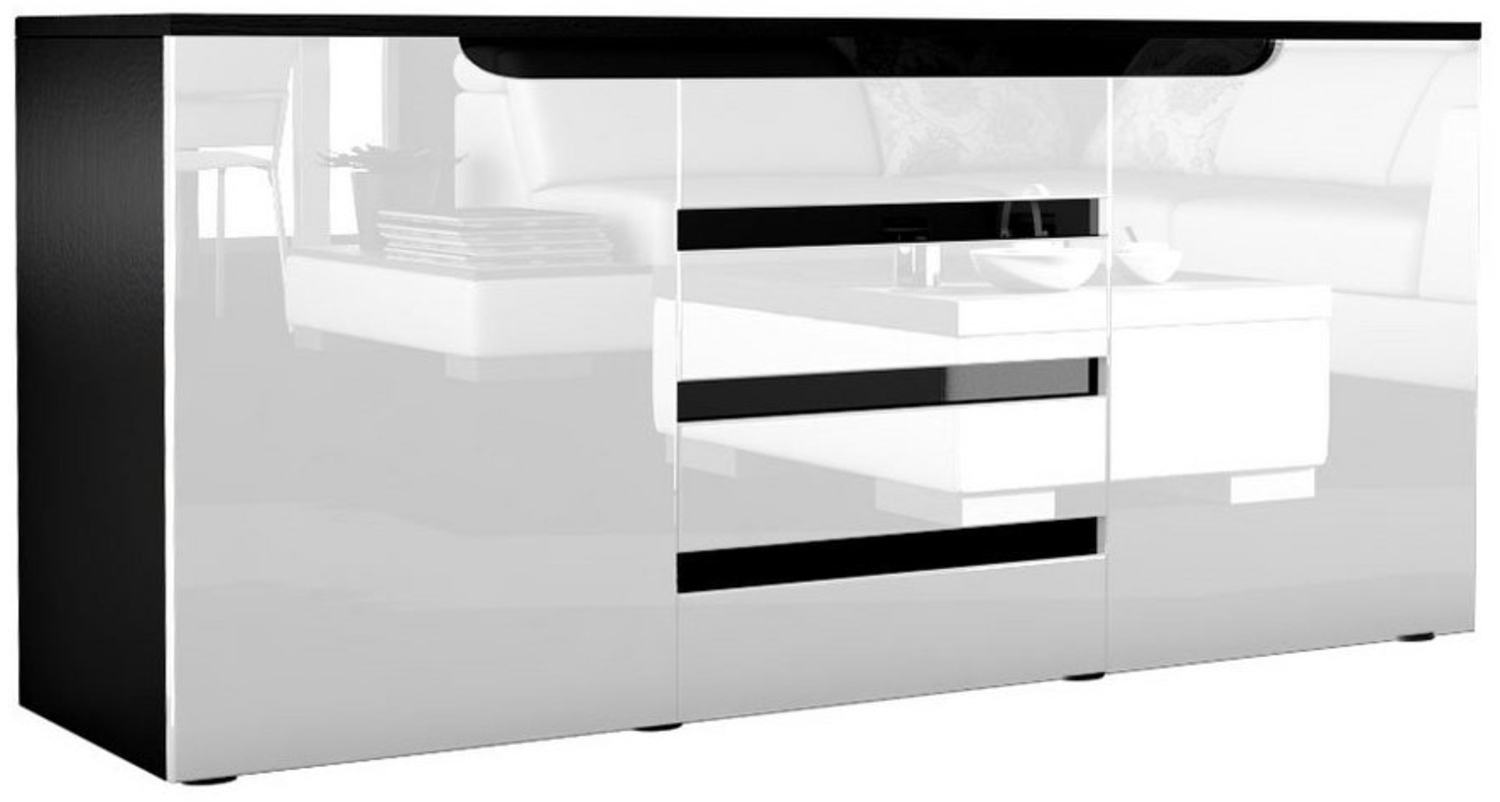 Sideboard Kommode Sylt V1, Korpus in Schwarz matt / Front in Weiß Hochglanz mit Absetzungen in Schwarz Hochglanz (139 x 72 x 35) Bild 1