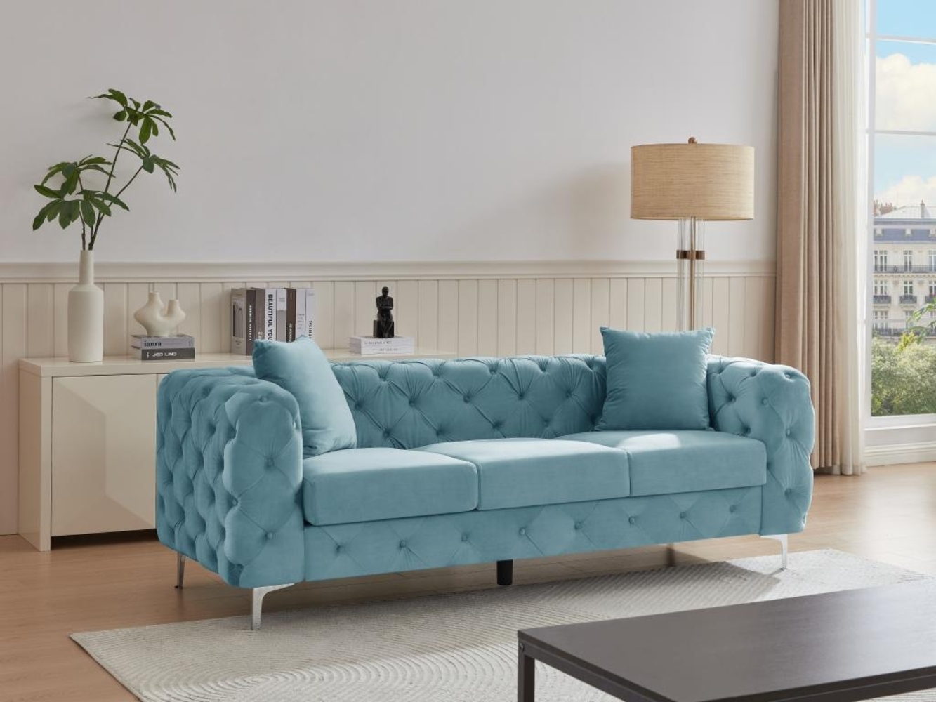 Vente-unique - Chesterfield-Sofa 3-Sitzer - Samt - Pastellblau - EDWINA Bild 1