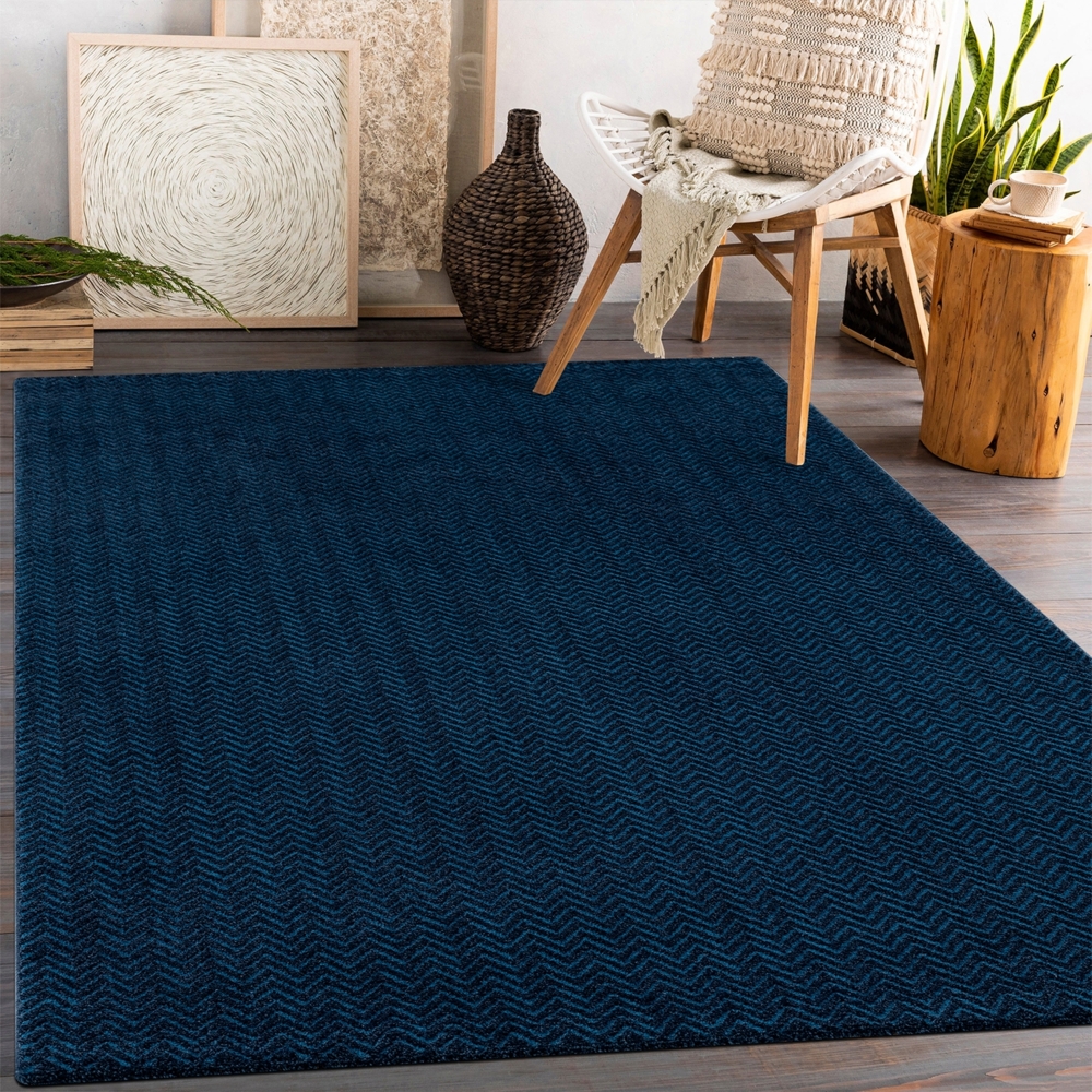 Teppich Wohnzimmer - Blau - 160x230cm - Meliert Muster - Einfarbig - Hoch Tief Effekt - Kurzflor Weich Schlafzimmer Kinderzimmer Dekoration - Deko Teppiche Bild 1