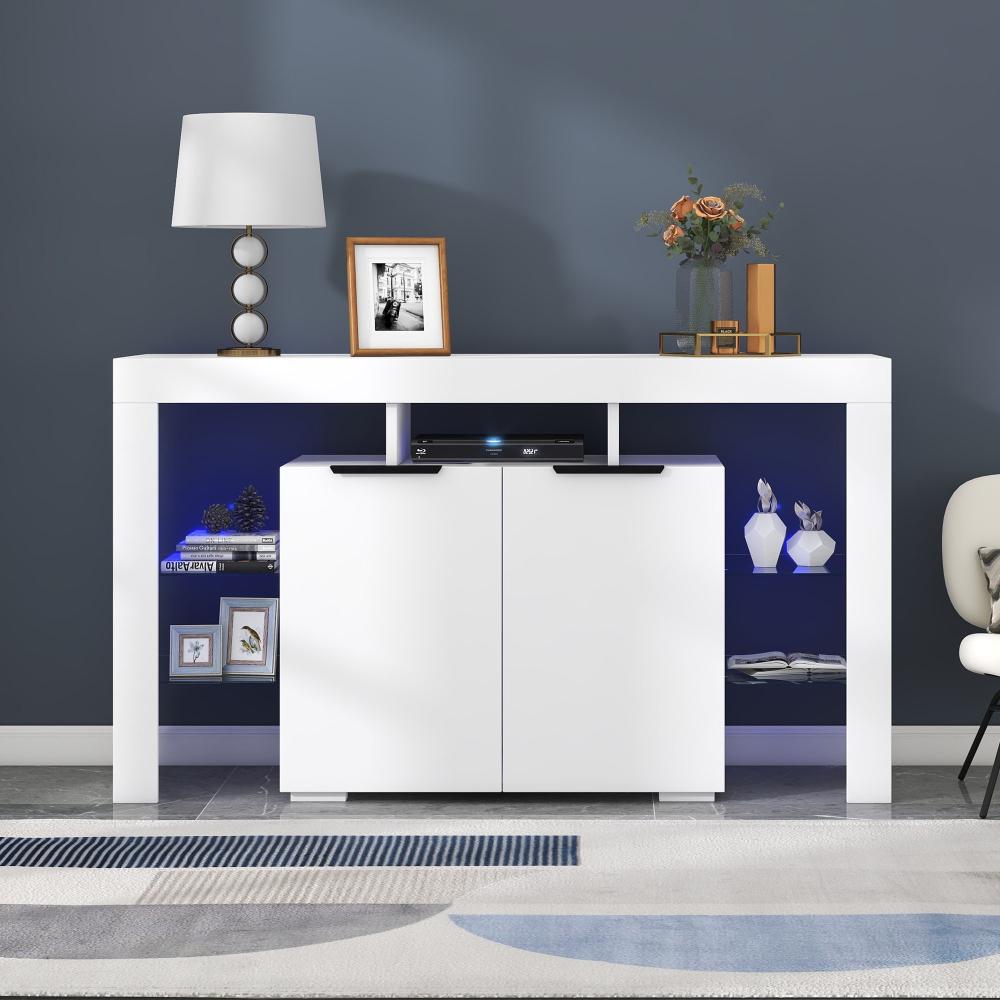 Merax Hochglanz-LED-Sideboard, Küchenschrank, Schrank, Buffet-Aufbewahrung, Servertisch mit LED-Leuchten, Hochglanz-Buffetschrank mit 4 Glasböden und 2 Tür, Vitrine für Wohnzimmer, Eingangsbereich Bild 1