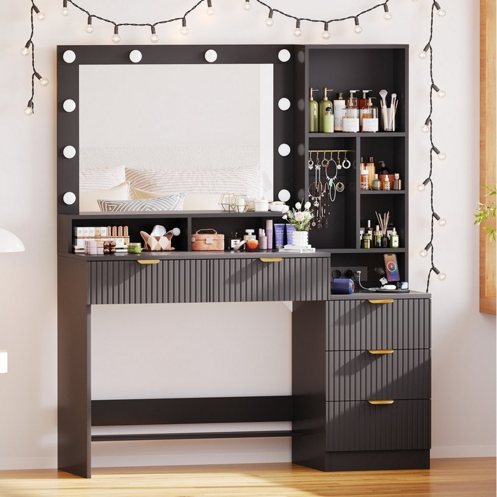 Furnicopia Schminktisch Einstellbare LED-Beleuchtung Fünf Schubladen und sieben Staufächer (Abmessungen: 114 × 40 × 149 cm Der Schminktisch verfügt über zwei europäische Steckdosen, einen USB-Anschluss, einen Typ-C-Anschluss und zwölf Schmuckhaken) Bild 1