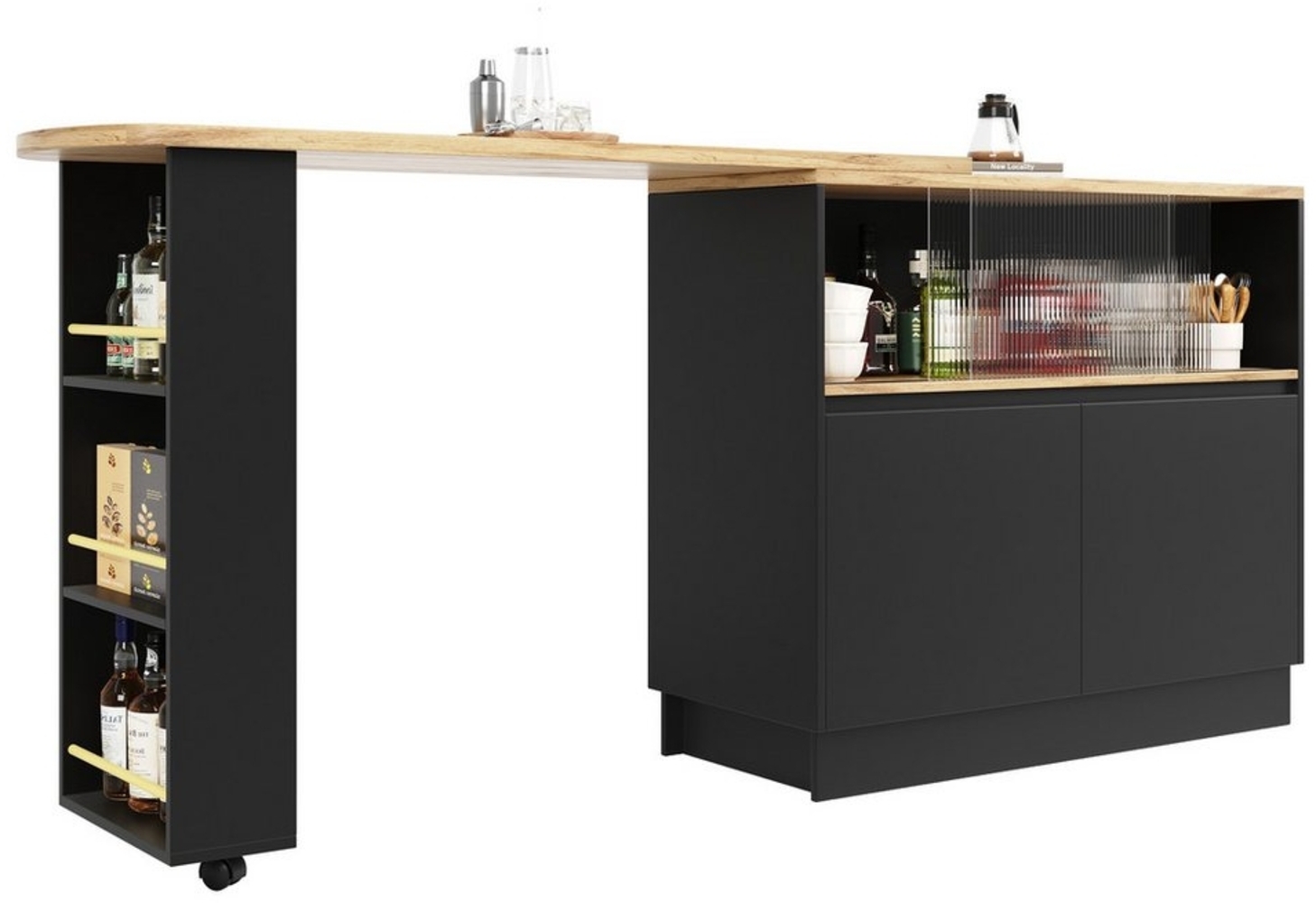 OKWISH Bartisch 360° drehbare Essbar (ausziehbar Esstisch mit Sideboard, 2 Glasschiebetür, 2 Scharniertüren), mit Ablageflächen, geeignet für Küchen und Esszimmer Bild 1