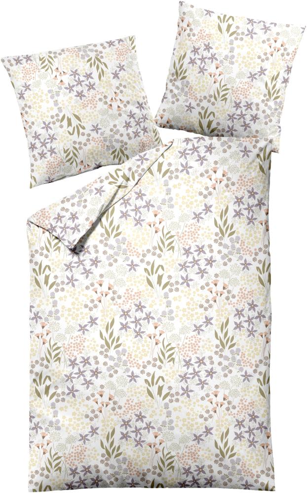 Dormisette Mako Satin Bettwäsche 155x220 Blumen Blätter gelb oliv lila 2870-30 Bild 1